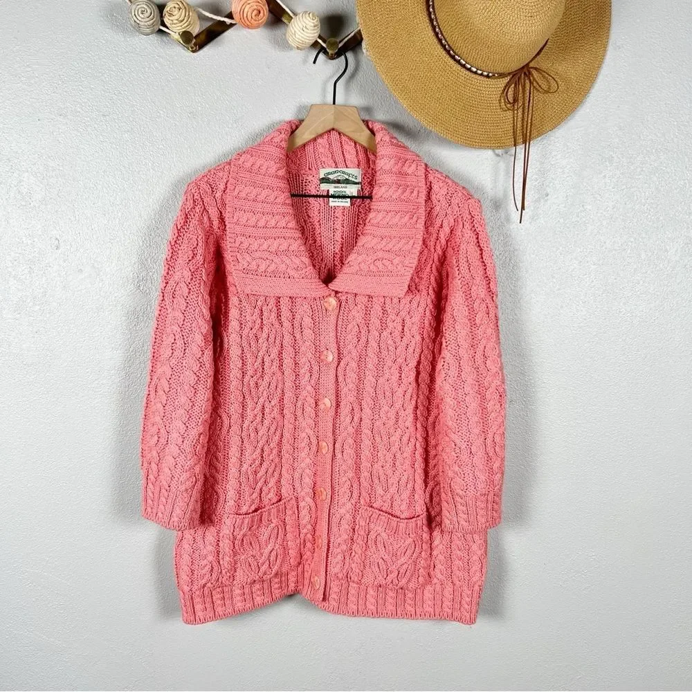 Aran Crafts Merino Wool Fisherman Cable Knit Cardigan Sweater Pink Large